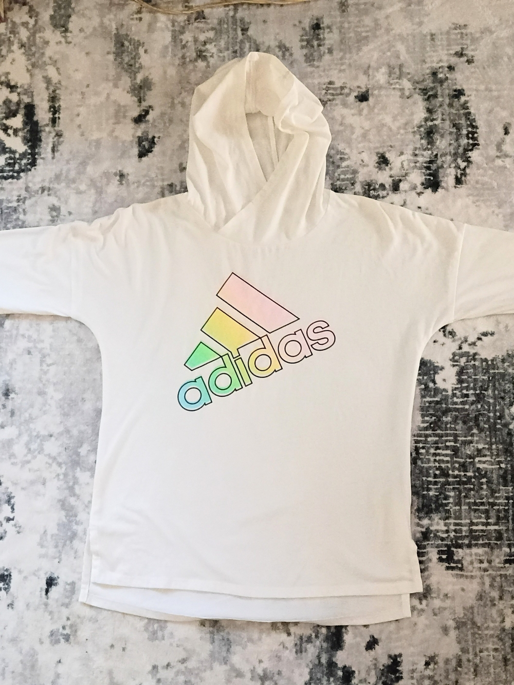 Adidas Girls White Rainbow Gradient Logo Hooded Long Sleeve T-Shirt Size M 10/12